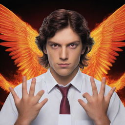 Generate an image of a man with red eyes, wings of fire, four hands each with five fingers, and thick hair in a school setting.