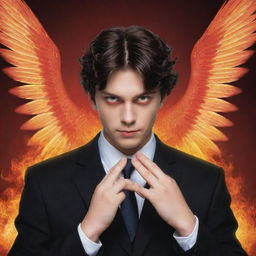 Generate an image of a man with red eyes, wings of fire, four hands each with five fingers, and thick hair in a school setting.