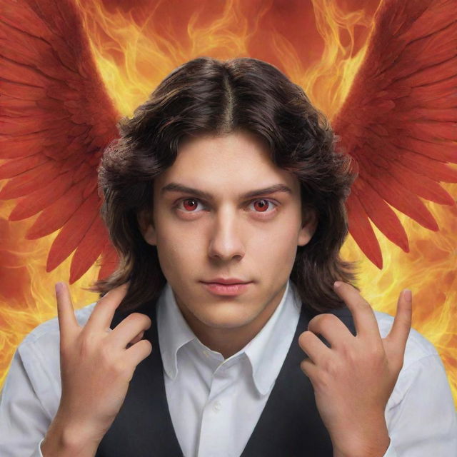 Generate an image of a man with red eyes, wings of fire, four hands each with five fingers, and thick hair in a school setting.