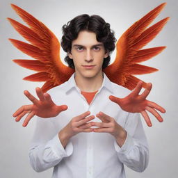 Generate an image of a man with red eyes, wings of fire, four hands each with five fingers, and thick hair in a school setting.