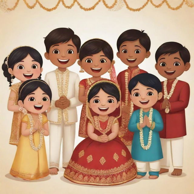 An animated clipart illustrating a joyful group of eight cousins, five girls and three boys, adorned in Indian wedding attire, interacting and laughing together at a wedding ceremony.