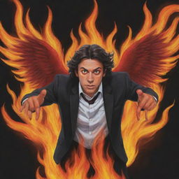 Create a cartoon-style image of a man with red eyes, four hands with five fingers each, thick hair, and wings engulfed in fire, set in a school environment.