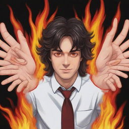 Create a cartoon-style image of a man with red eyes, four hands with five fingers each, thick hair, and wings engulfed in fire, set in a school environment.