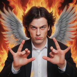 Create a cartoon-style image of a man with red eyes, four hands with five fingers each, thick hair, and wings engulfed in fire, set in a school environment.