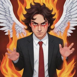 Create a cartoon-style image of a man with red eyes, four hands with five fingers each, thick hair, and wings engulfed in fire, set in a school environment.