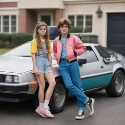 Disney Pixar styled image of a teenage boy and girl, both dressed in retro 80s fashion, positioned outside a DeLorean car