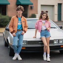 Disney Pixar styled image of a teenage boy and girl, both dressed in retro 80s fashion, positioned outside a DeLorean car