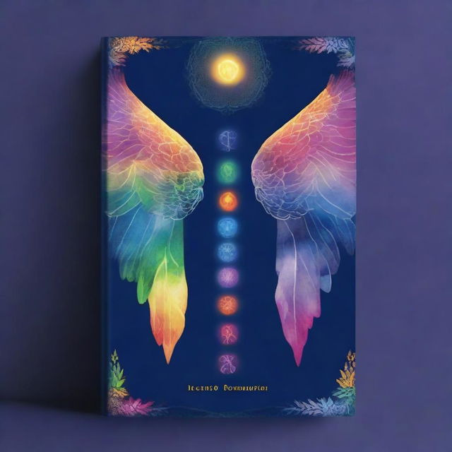 A high-quality book cover design, featuring an intricate painting of the seven chakras ascending along the spine, each chakra glowing with its respective color