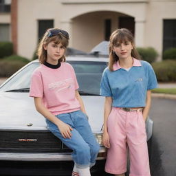 Disney Pixar styled image of a teenage boy and girl, both dressed in retro 80s fashion, positioned outside a DeLorean car