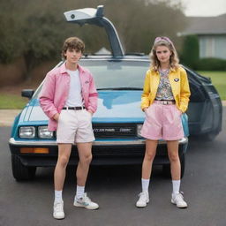 Disney Pixar styled image of a teenage boy and girl, both dressed in retro 80s fashion, positioned outside a DeLorean car