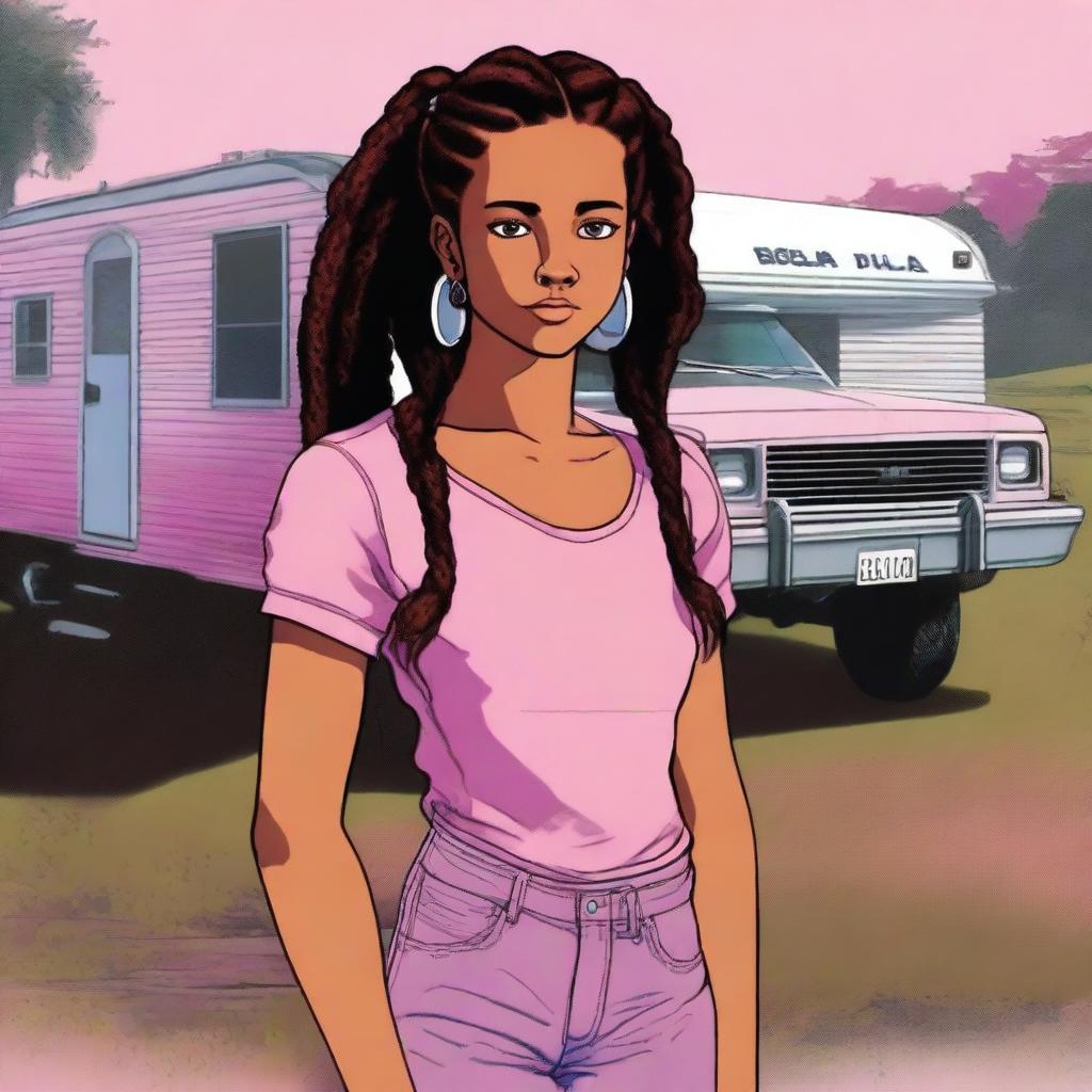 This high-quality digital art image presents a beautiful Hispanic teenage girl with dark brown skin, black hair styled in two braids, and dark brown eyes