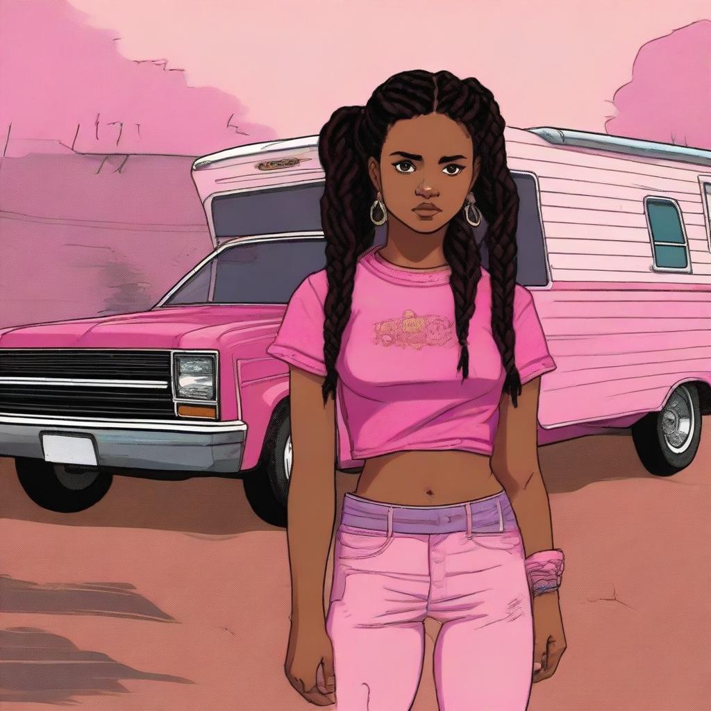 The image is a piece of high-quality digital art, showcasing a Hispanic teenage girl with dark brown skin, black hair styled in two braids, and deep brown eyes