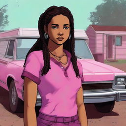 The image is a piece of high-quality digital art, showcasing a Hispanic teenage girl with dark brown skin, black hair styled in two braids, and deep brown eyes