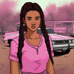 The image is a piece of high-quality digital art, showcasing a Hispanic teenage girl with dark brown skin, black hair styled in two braids, and deep brown eyes