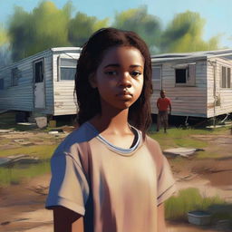 A high-quality digital art image depicts a 15-year-old girl standing outside her doublewide, dilapidated mobile home