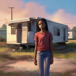 A high-quality digital art image depicts a 15-year-old girl standing outside her doublewide, dilapidated mobile home