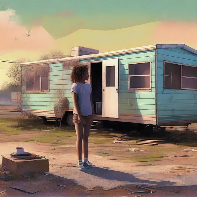 A high-quality digital art image depicts a 15-year-old girl standing outside her doublewide, dilapidated mobile home