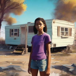 A high-quality digital art image depicts a 15-year-old girl standing outside her doublewide, dilapidated mobile home