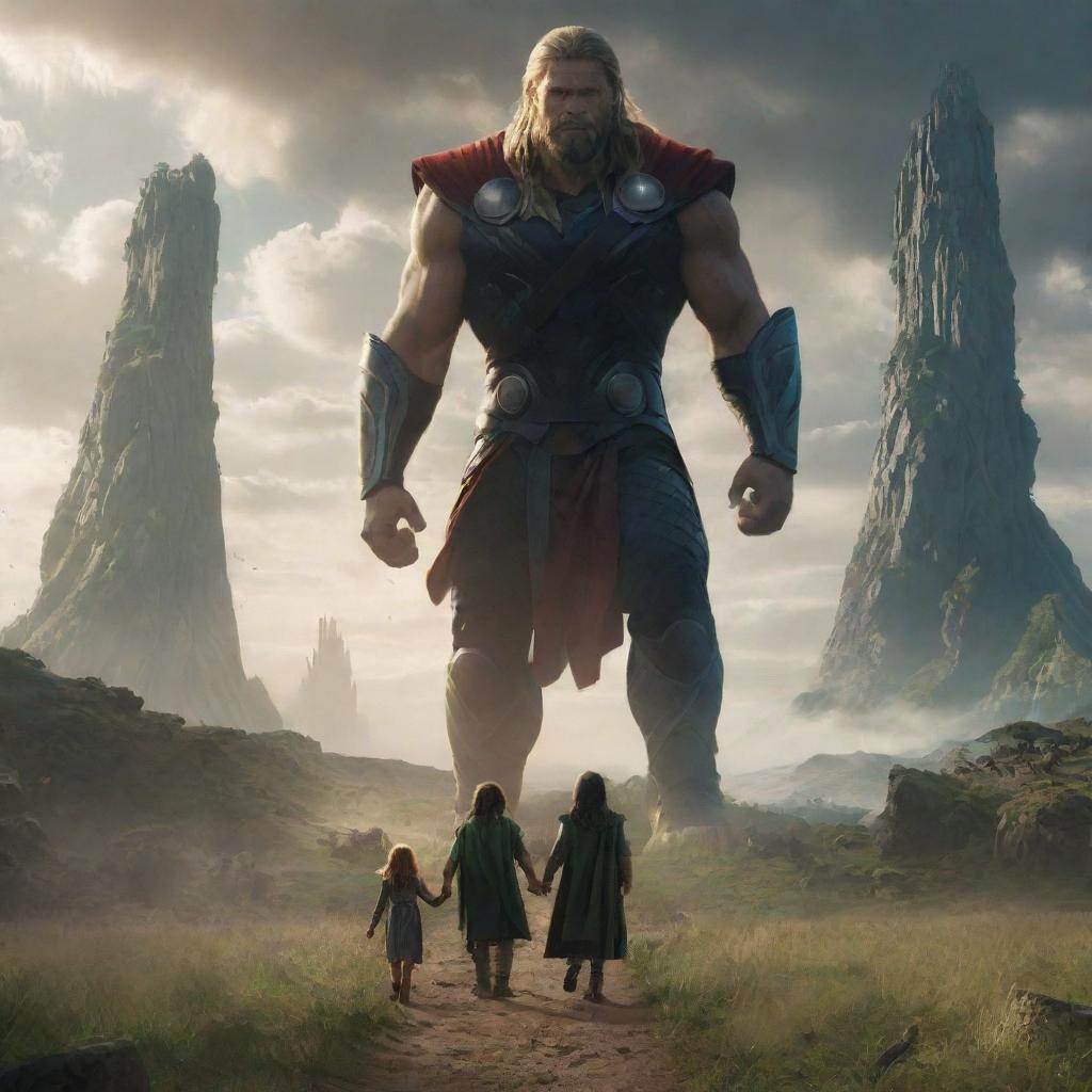 Thor and Loki, each holding the hand of a young child, a girl and a boy, journeying into the majestic, imposing land of giants. The landscape is filled with huge, towering figures.