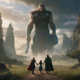 Thor and Loki, each holding the hand of a young child, a girl and a boy, journeying into the majestic, imposing land of giants. The landscape is filled with huge, towering figures.