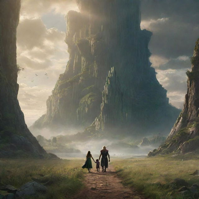 Thor and Loki, each holding the hand of a young child, a girl and a boy, journeying into the majestic, imposing land of giants. The landscape is filled with huge, towering figures.