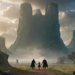 Thor and Loki, each holding the hand of a young child, a girl and a boy, journeying into the majestic, imposing land of giants. The landscape is filled with huge, towering figures.