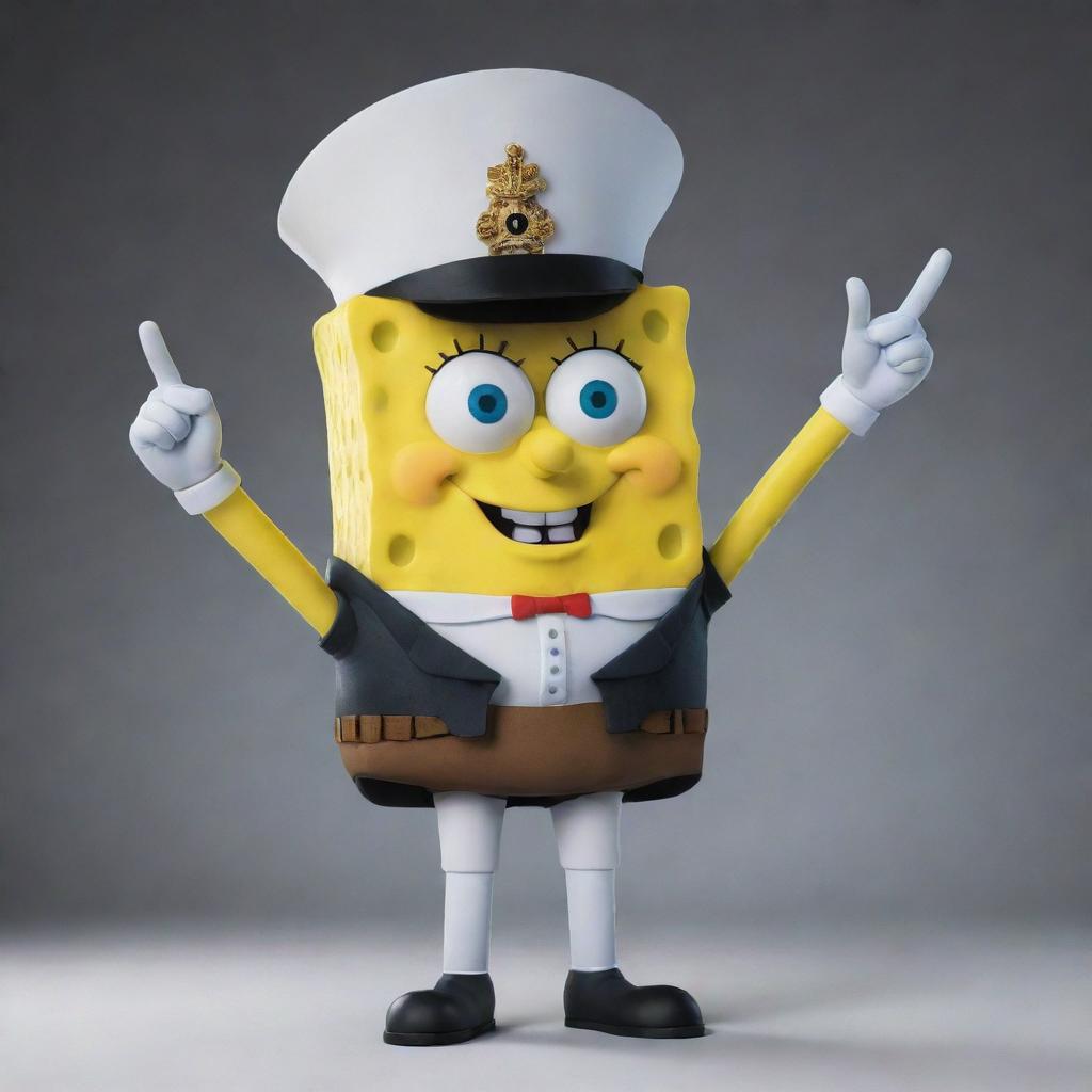 SpongeBob SquarePants is replicating the iconic poses of Napoleon Bonaparte, such as crossing his arms beneath his jacket and pointing towards the horizon