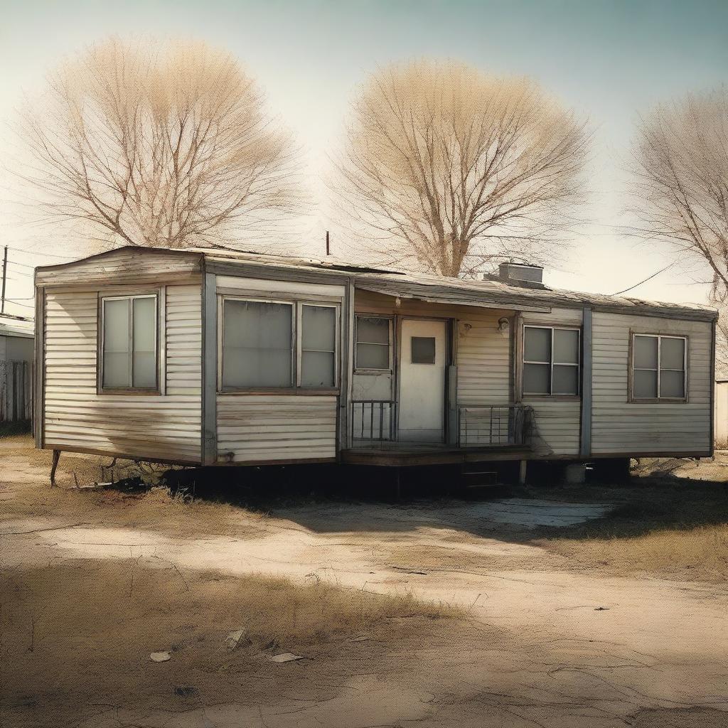 This high-resolution digital art image portrays a scene outside a doublewide, dilapidated mobile home