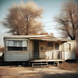 This high-resolution digital art image portrays a scene outside a doublewide, dilapidated mobile home