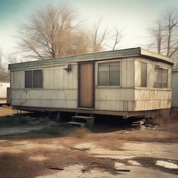 This high-resolution digital art image portrays a scene outside a doublewide, dilapidated mobile home