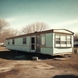 This high-resolution digital art image portrays a scene outside a doublewide, dilapidated mobile home