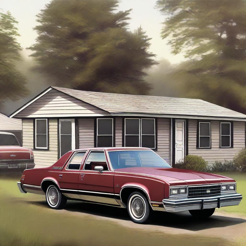 A high-quality digital art image presents a 1982 maroon Oldsmobile with four doors, parked outside a doublewide, dilapidated mobile home