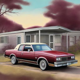 A high-quality digital art image presents a 1982 maroon Oldsmobile with four doors, parked outside a doublewide, dilapidated mobile home