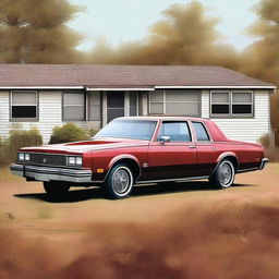 A high-quality digital art image presents a 1982 maroon Oldsmobile with four doors, parked outside a doublewide, dilapidated mobile home