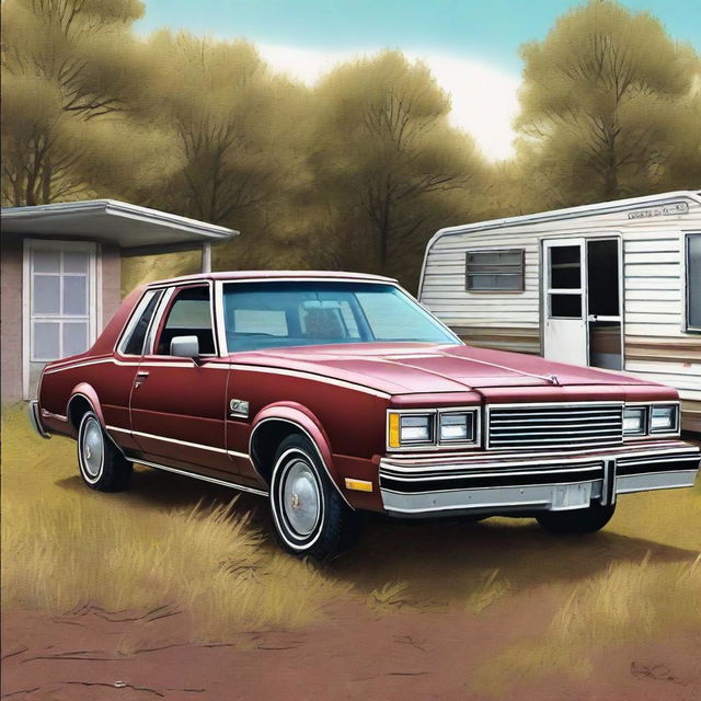 A high-quality digital art image presents a 1982 maroon Oldsmobile with four doors, parked outside a doublewide, dilapidated mobile home