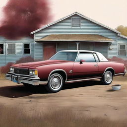 This high-quality digital art image depicts a scene where a 15-year-old girl stands in front of a 1982 maroon Oldsmobile, parked outside a doublewide, dilapidated mobile home