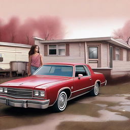 This high-quality digital art image depicts a scene where a 15-year-old girl stands in front of a 1982 maroon Oldsmobile, parked outside a doublewide, dilapidated mobile home