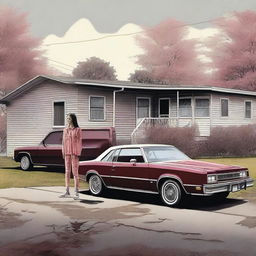 This high-quality digital art image depicts a scene where a 15-year-old girl stands in front of a 1982 maroon Oldsmobile, parked outside a doublewide, dilapidated mobile home