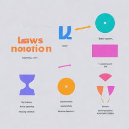 A YouTube thumbnail displaying the laws of motion with the laws themselves prominently written. Incorporate vibrant graphics of different moving objects, diagrams, and formulae. Use eye-catching colors for emphasis and to make the laws of motion standout.