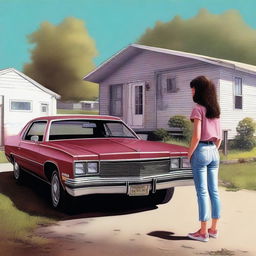 This high-quality digital art image depicts a scene where a 15-year-old girl stands in front of a 1982 maroon Oldsmobile, parked outside a doublewide, dilapidated mobile home