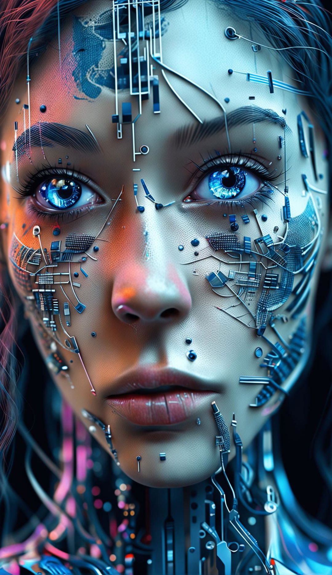 Ultra-close up of a beautiful cyborg woman's face in future-retro style, expressing intense sadness with unshed tears in her eyes.