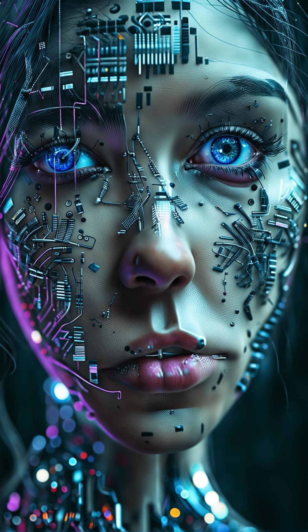 Detailed CGI photograph of a beautiful cyborg woman's face expressing overwhelming sadness with a single tear falling from her eye.