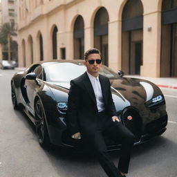 A fashionable young man with sunglasses, dressed in a black coat and black pants, sitting in a snazzy Bugatti car on a radiant Dubai road.