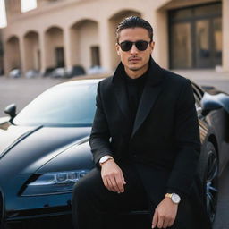 A fashionable young man with sunglasses, dressed in a black coat and black pants, sitting in a snazzy Bugatti car on a radiant Dubai road.