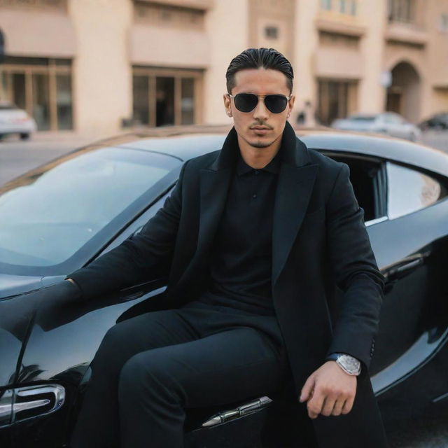 A fashionable young man with sunglasses, dressed in a black coat and black pants, sitting in a snazzy Bugatti car on a radiant Dubai road.