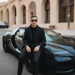 A fashionable young man with sunglasses, dressed in a black coat and black pants, sitting in a snazzy Bugatti car on a radiant Dubai road.