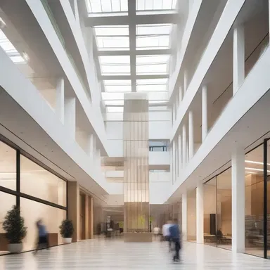 The modern building design features a centralizing atrium that brings in natural light and connects different parts of the structure.