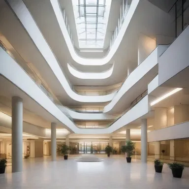 The modern building design features a centralizing atrium that brings in natural light and connects different parts of the structure.