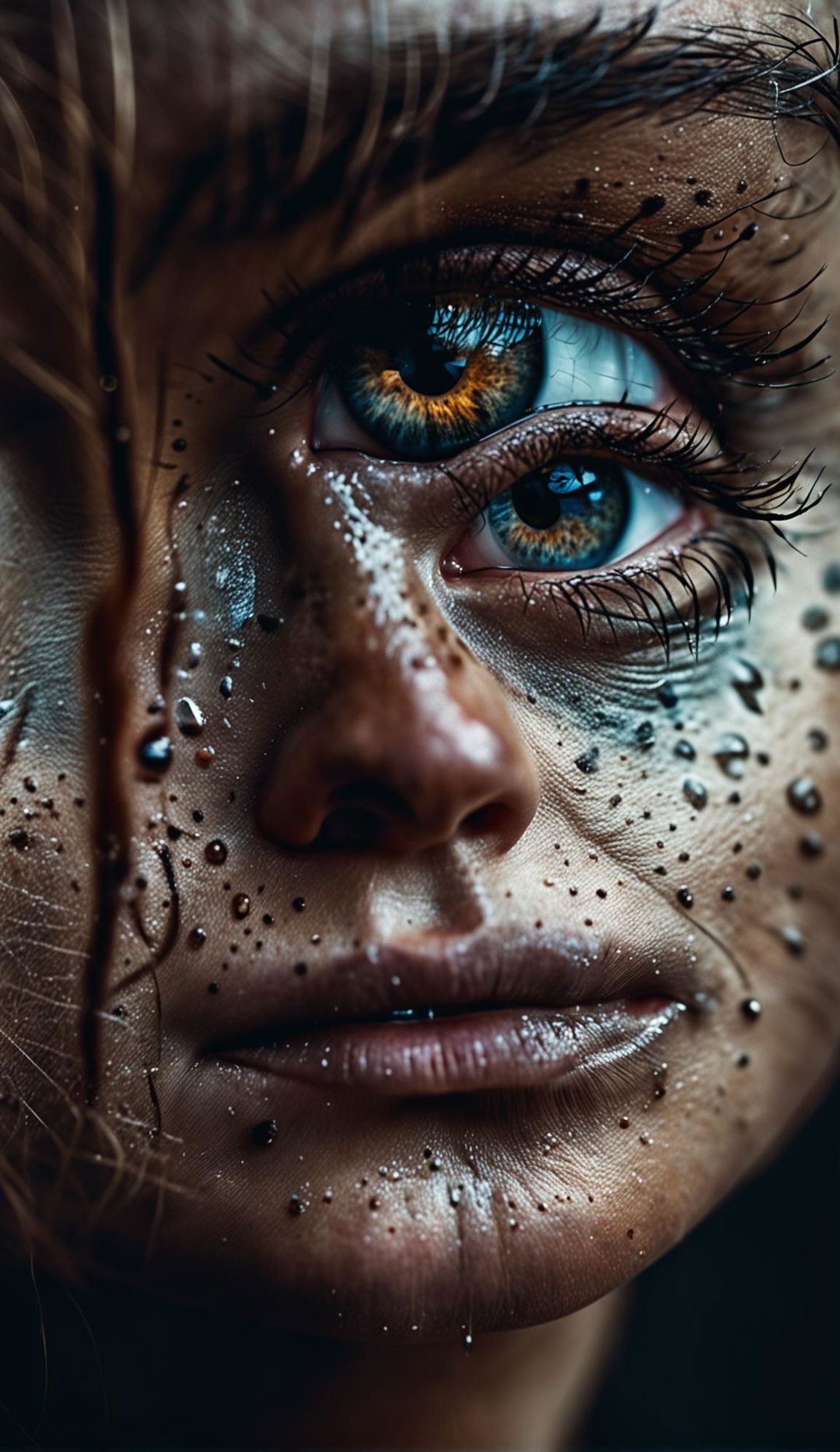 Ultra close-up 32k editorial photograph of a woman's face with a single tear rolling down her cheek.