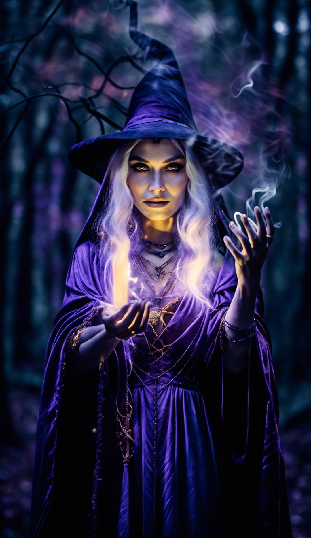 A high-resolution photograph capturing a beautiful witch amidst a mystical forest at twilight. She's casting a spell, her attire blending traditional and contemporary elements. The composition is sublime with intense ambiance.